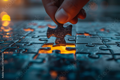 A hand placing a puzzle piece into a business puzzle emphasizes the importance of aligning different elements and strategies for achieving a cohesive and successful business model. Generative Ai.