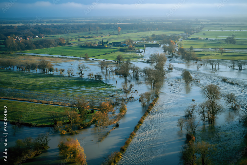 flood in a river valley, with water covering the fields and roads