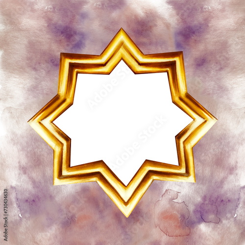 Watercolor Moroccan arabian star illustration with abstract blue splash isolated background. Muslim golden hand drawn night, clouds texture frame for holiday Ramadan Kareem or Eid Al Adha 2024. 
