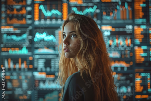 A businesswoman confidently presenting market trends on a digital screen underscores the significance of staying informed and adapting to changing market dynamics. Generative Ai.