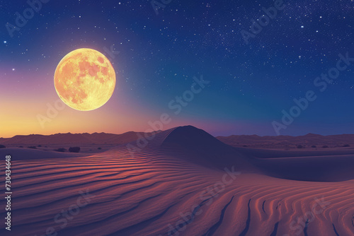 full moon over a desert landscape, with sand dunes and a camel