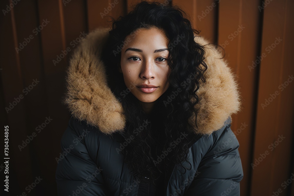 Beautiful asian woman in a winter jacket on a wooden background Beautiful asian woman in a winter jacket on a wooden background