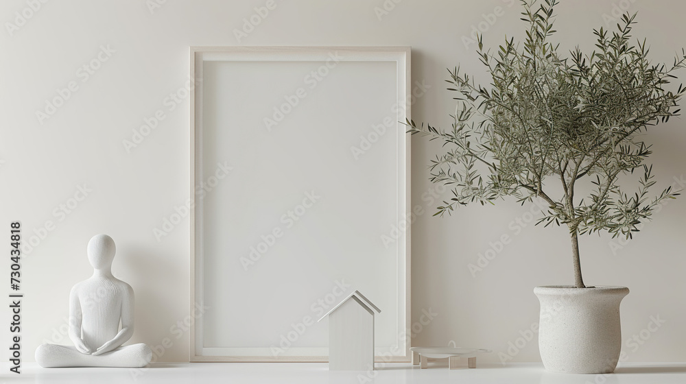  female display mannequin portrait with wooden frame on white background