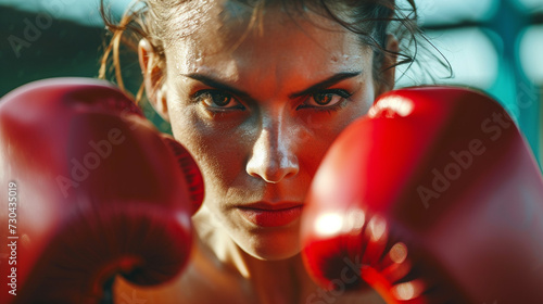 woman in red boxing gloves close-up