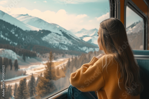 model taking a scenic train ride, with a view of the mountains.