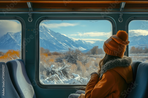 model taking a scenic train ride, with a view of the mountains.