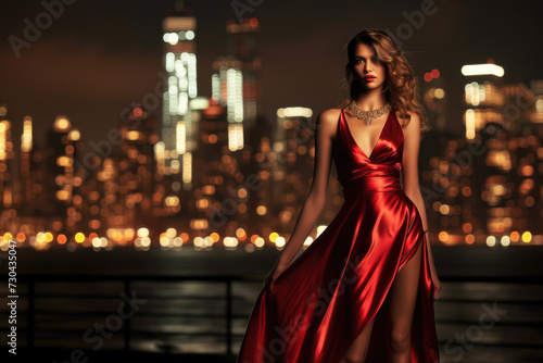 model wearing a red silk dress, with a gold necklace and high heels