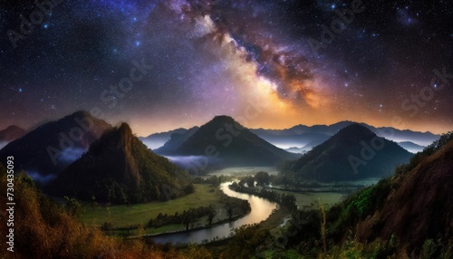 Earth sunrise. the milky way and the mountains and rivers © blackdiamond67