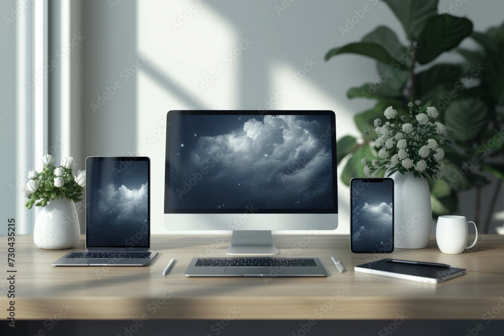 A responsive website mockup displayed across multiple devices, including laptop, tablet, and smartphone screens, ideal for presenting responsive web designs and user experiences. Generative Ai. A responsive website mockup displayed across multiple devices, including laptop, tablet, and smartphone screens, ideal for presenting responsive web designs and user experiences. Generative Ai.