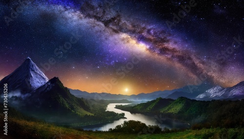 Earth sunrise. the milky way and the mountains and rivers © blackdiamond67