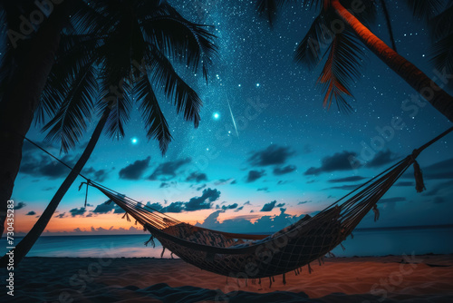 shooting star over a beach, with palm trees and a hammock.