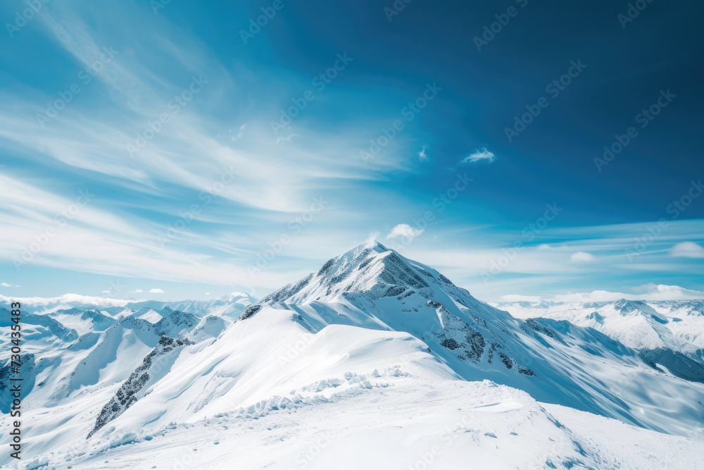 view of a snowy mountain peak with a blue sky