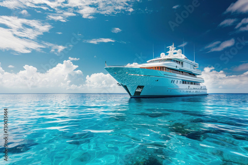 Luxury yacht floating on calm turquoise ocean waters. Leisure and travel © Postproduction