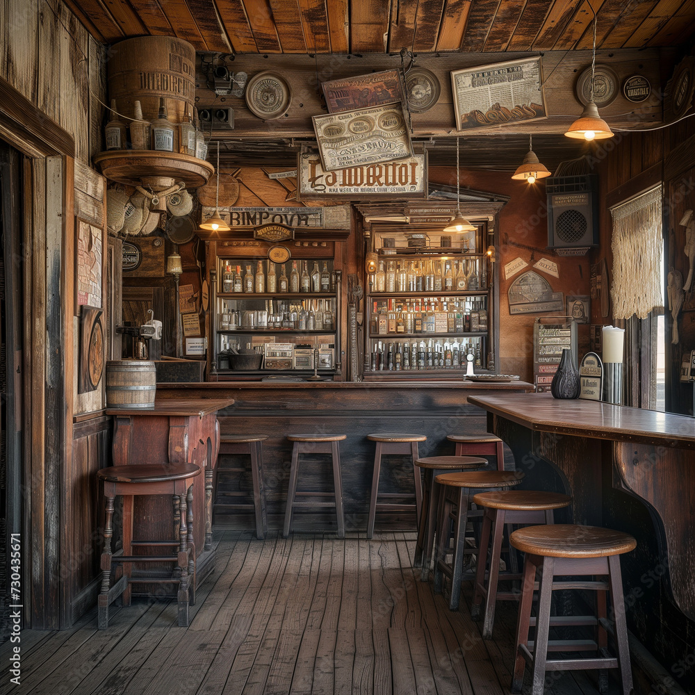 Vintage Wild West Saloon Interior with Wooden Bar and Stools