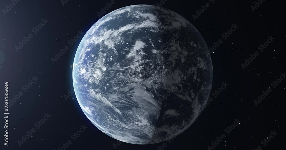 View from space flying around a water planet without land. Aqua planet, futuristic water world with atmosphere. 3D Animation 4K video, version 01. View from space flying around a water planet without land. Aqua planet, futuristic water world with atmosphere. 3D Animation 4K video, version 01.