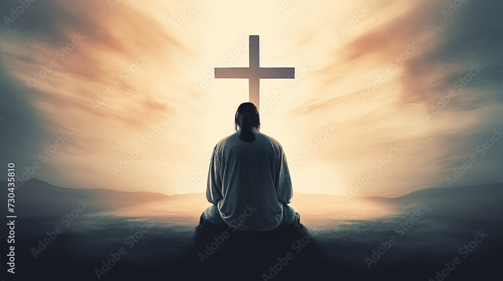 person sitting in front of a cross  - obrazy, fototapety, plakaty 
