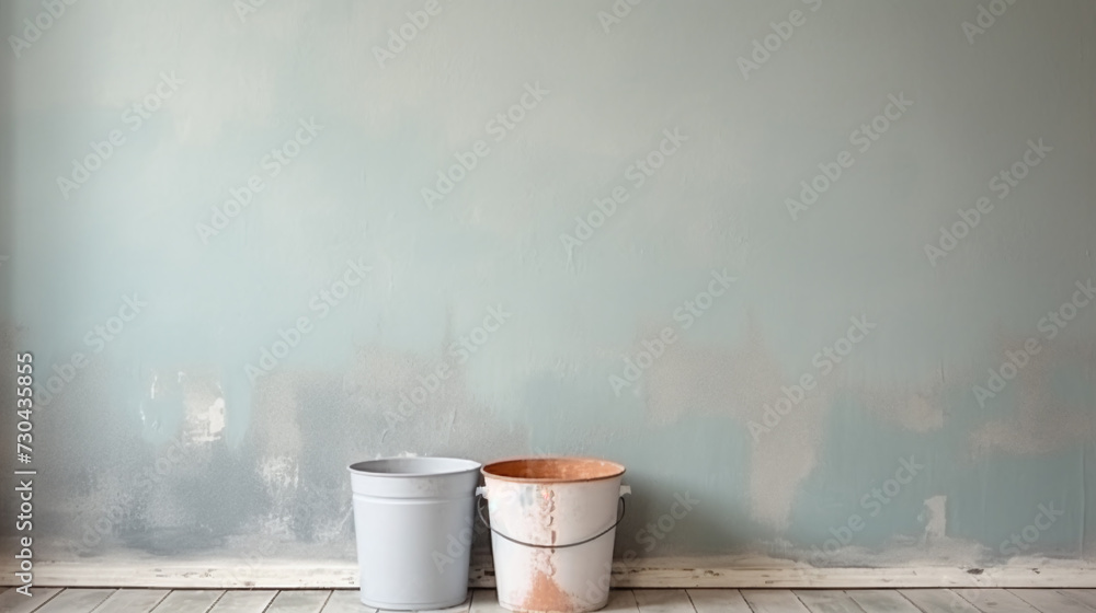 Paint bucket in front of a dirty wall that is to be painted - obrazy, fototapety, plakaty 