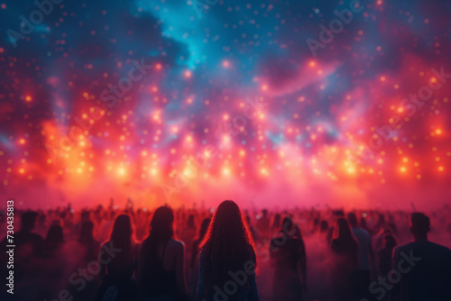 A diverse crowd enjoying a music festival, dancing under colorful lights against a starry night sky. Concept of celebration and live entertainment. Generative Ai.