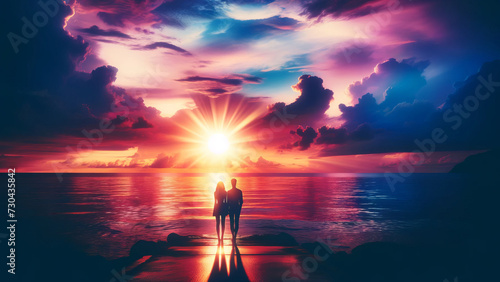 Couple's Silhouette Against Vibrant Ocean Sunset © ANDREY PROFOTO