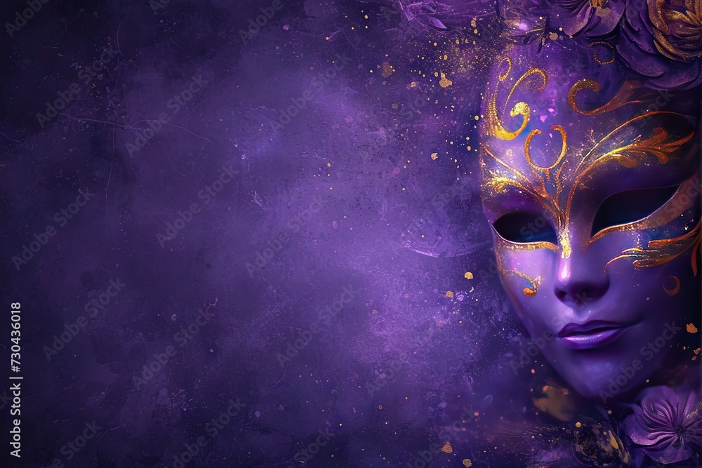 Venetian carnival mask with shiny golden streamers and glitter on dark purple background. Carnival party concept. Magic and mystery. Festive backdrop for design card, banner, flyer with copy space Venetian carnival mask with shiny golden streamers and glitter on dark purple background. Carnival party concept. Magic and mystery. Festive backdrop for design card, banner, flyer with copy space