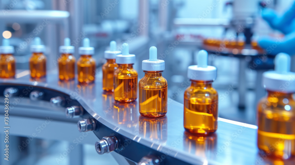 An industrial scene within a pharmaceutical factory, showcasing the production line with pharmaceutical glass bottles and machinery in motion. An industrial scene within a pharmaceutical factory, showcasing the production line with pharmaceutical glass bottles and machinery in motion.