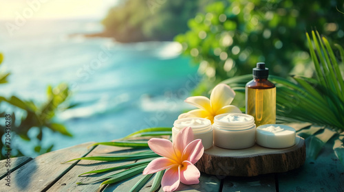 spa product for skin care on a wooden table with a flower, on the background of the sea