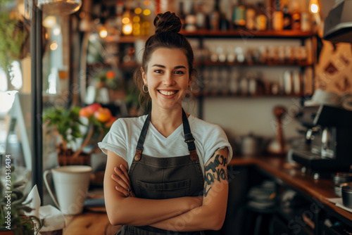 young woman standing in the coffee shop, Portrait of a beautiful lady standing in a restaurant or cafe, Successful young businesswoman smiling looking at camera, Small business owner testimonial image