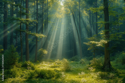A tranquil forest scene with sunlight filtering through the trees  conveying the peace and serenity of nature. Concept of mindfulness and natural beauty. Generative Ai.