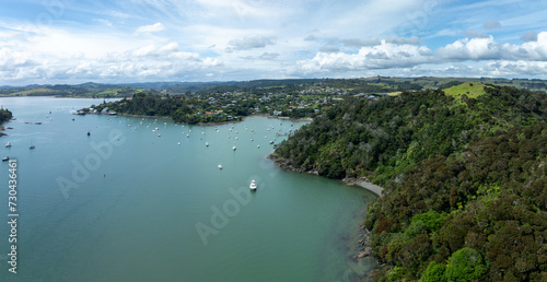 Aerial of boats in the harbour in the town of Mangonui, Northland, New Zealand