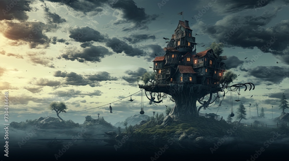 Obraz premium A House on a Tree in the Middle of the Night
