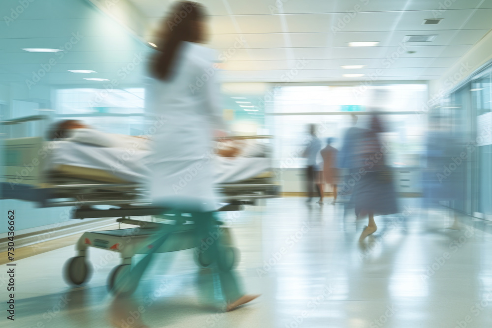 blurred image of patient and doctor walking in hospital corridor, motion blur