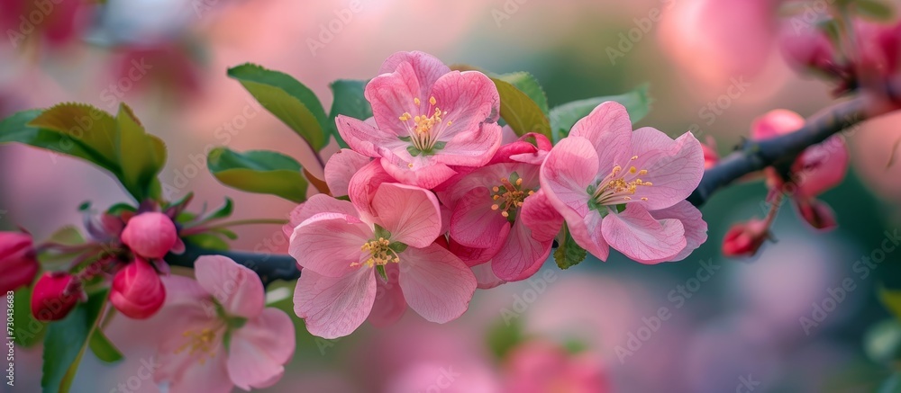 Obraz premium Fully bloomed pink flowers on a tree branch in the garden, shown in closeup.