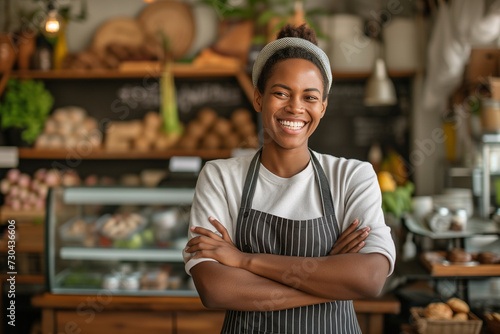 Portrait of young african lady standing in a restaurant or cafe, smiling girl wearing apron and standing arms crossed in the shop. smiling looking at camera, Small business owner testimonial image