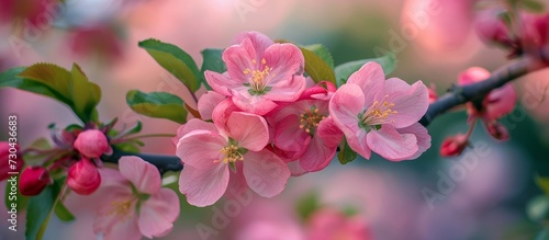 Fully bloomed pink flowers on a tree branch in the garden, shown in closeup.