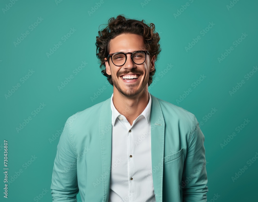 Portrait of young smiling man wearing glasses isolated on turquoise background with space for inscriptions or text.generative ai Portrait of young smiling man wearing glasses isolated on turquoise background with space for inscriptions or text.generative ai