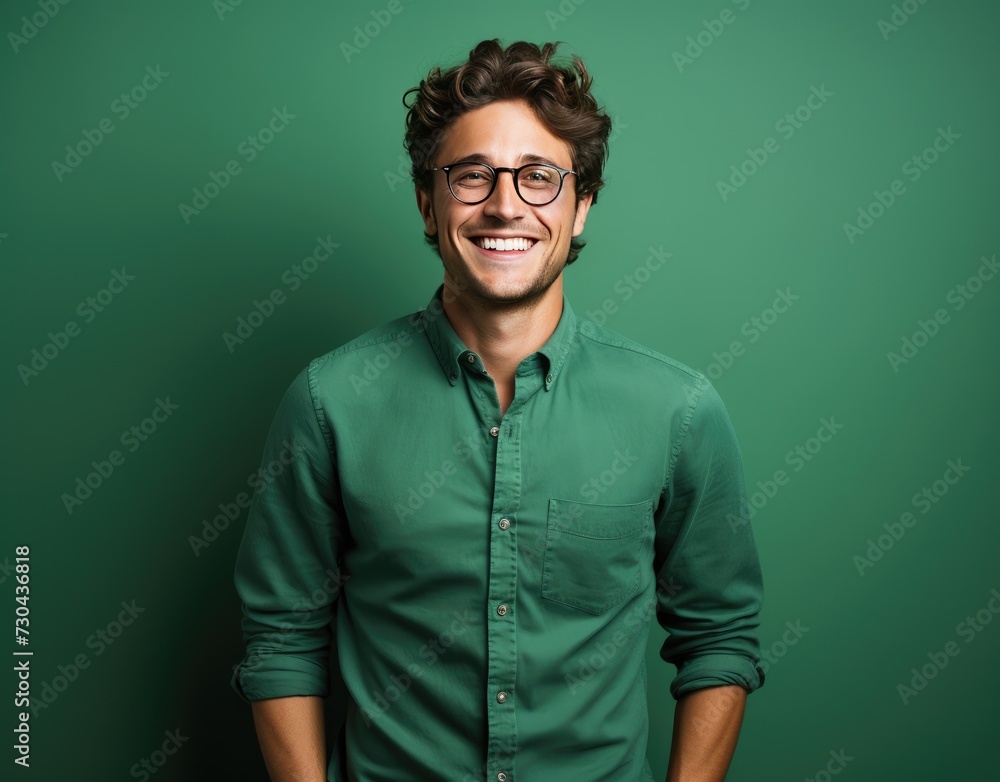 Portrait of young smiling man wearing glasses isolated on turquoise background with space for inscriptions or text.generative ai Portrait of young smiling man wearing glasses isolated on turquoise background with space for inscriptions or text.generative ai