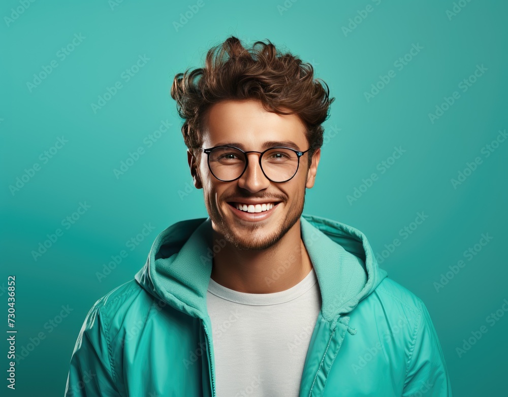 Portrait of young smiling man wearing glasses isolated on turquoise background with space for inscriptions or text.generative ai Portrait of young smiling man wearing glasses isolated on turquoise background with space for inscriptions or text.generative ai
