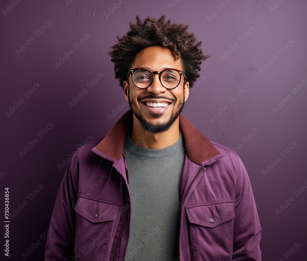 Portrait of a young smiling man with glasses, highlighted on a purple background with space for inscriptions or text.generative artificial intelligence Portrait of a young smiling man with glasses, highlighted on a purple background with space for inscriptions or text.generative artificial intelligence