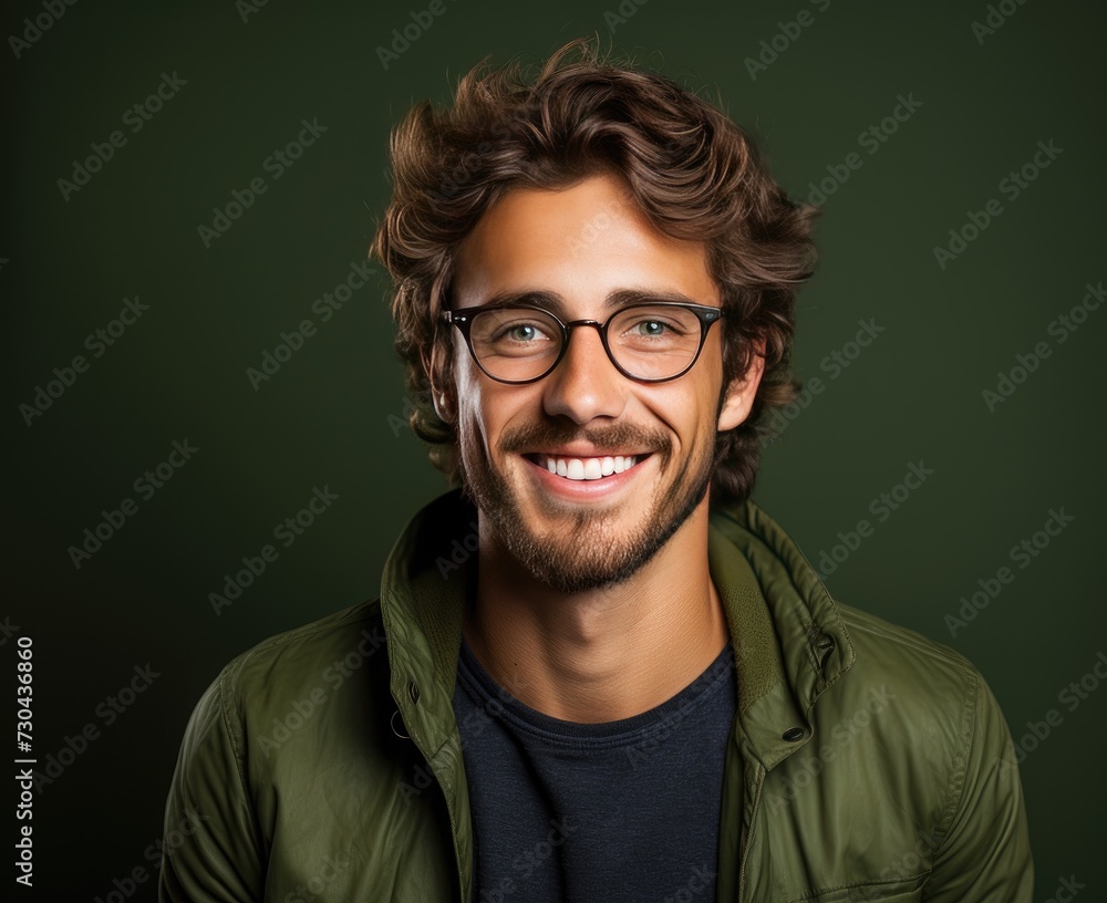 Portrait of a young smiling man with glasses, highlighted on a green background with space for inscriptions or text.generative artificial intelligence