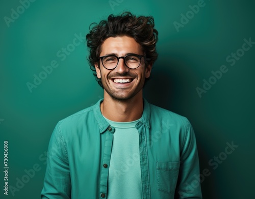 Portrait of young smiling man wearing glasses isolated on turquoise background with space for inscriptions or text.generative ai