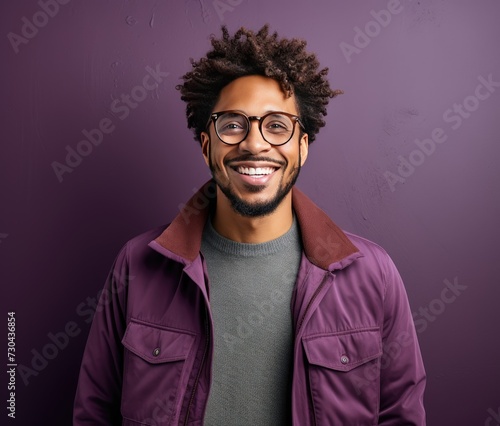 Portrait of a young smiling man with glasses, highlighted on a purple background with space for inscriptions or text.generative artificial intelligence © Евгений Кобзев