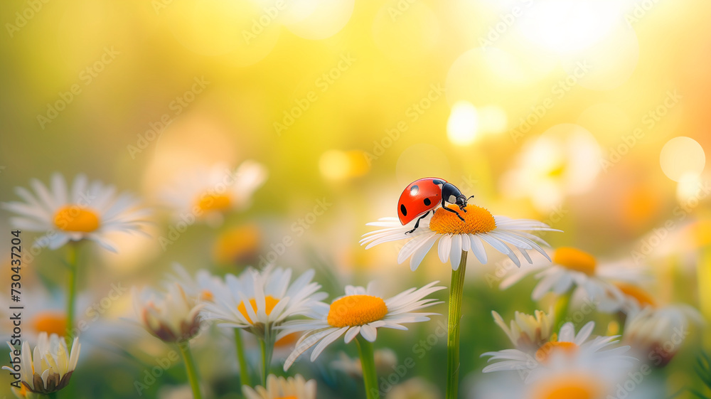 Ladybug on daisy in golden sunlight