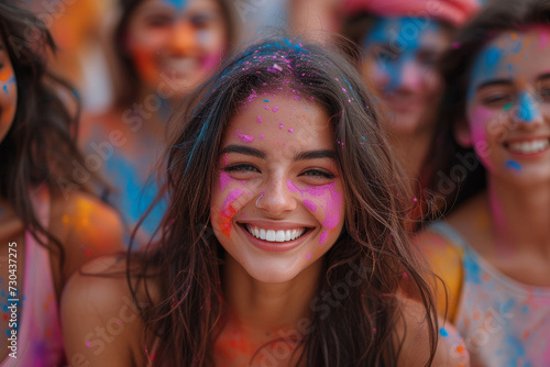 A group of friends engaged in a lively Holi dance, their faces and clothes adorned with bright powdered pigments, spreading the spirit of joy and togetherness. Generative Ai.