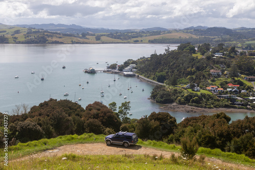 Aerial of boats in the harbour in the town of Mangonui, Northland, New Zealand photo