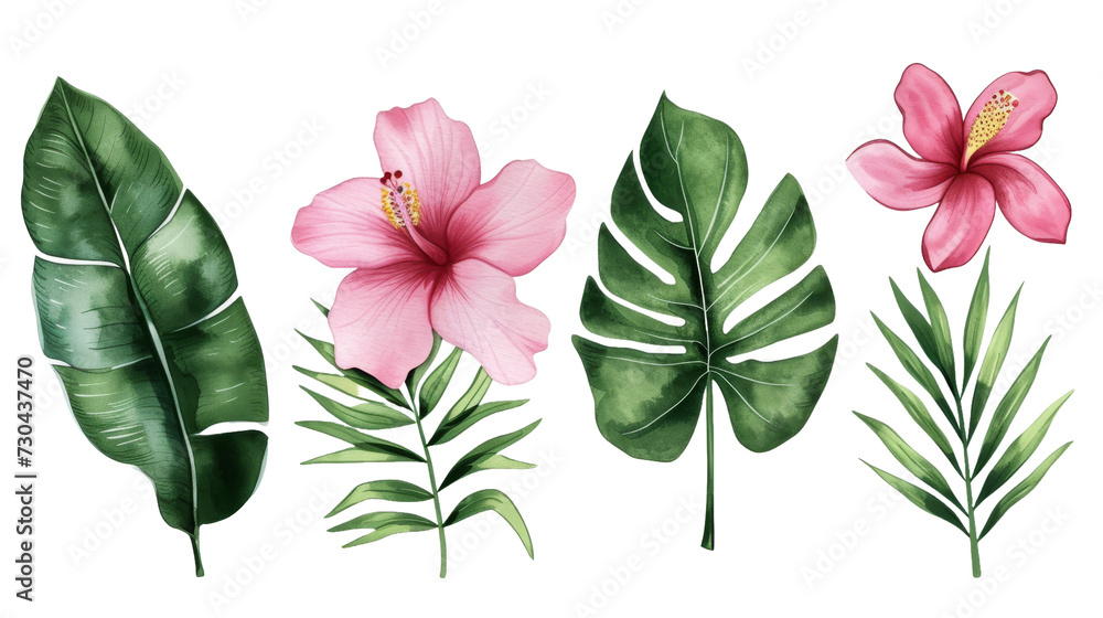 Obraz premium Watercolor floral illustration frame, Tropical flowers, green leaves isolated transparent background. PNG Format.