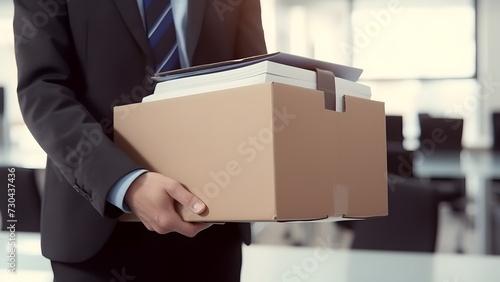 A businessman is fired from his job. He packs his papers and belongings in a box and leaves the office. 