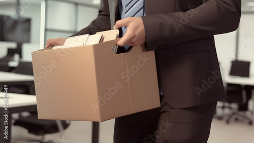 A businessman is fired from his job. He packs his papers and belongings in a box and leaves the office. 
