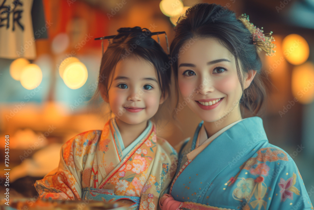 Beautiful Asian mother and daughter in kimono with bokeh background