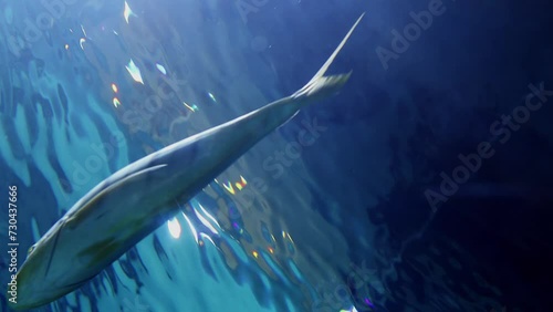 Fish swims near wavy top of water in aquarium, closeup photo