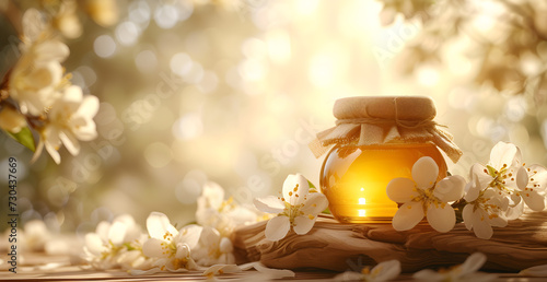 Text background with a bottle of honey and natural products with a ray of sunshine and warm atmosphere, small white flowers photo